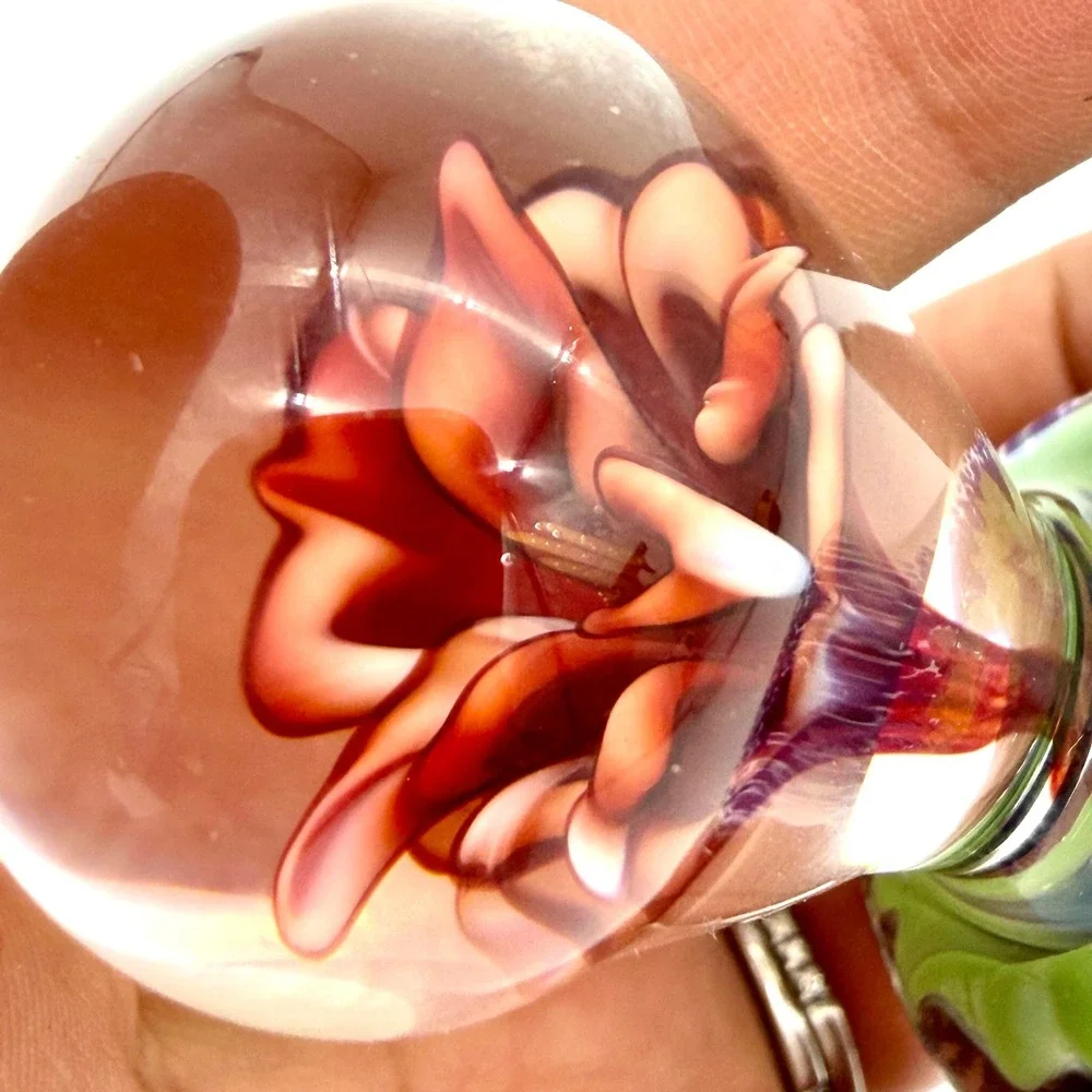 Artisan Glass Paperweight Red Lampwork Flower Green‎ Ruffled Base Blue Speckled